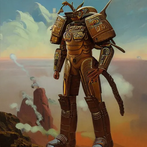 Prompt: soldier in art deco mayan power armor with strange spiral clouds in the background by j. c. leyendecker, barlowe, makoto kobayashi, greg rutkowski, and beksinski