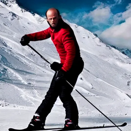 Image similar to jason statham skiing, angry, full body shot, cinematic lighting, studio quality