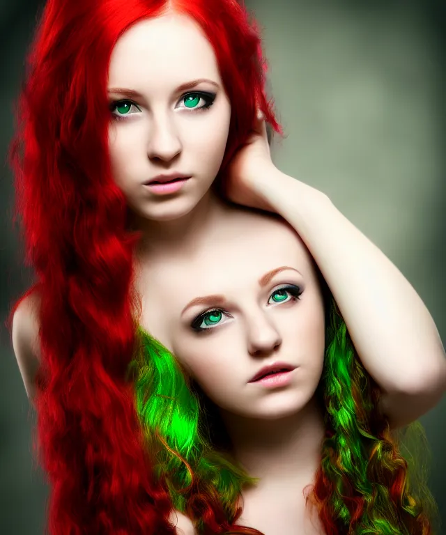 Image similar to Beautiful young woman, Fae, Fantasy, portrait, long red hair, green highlights