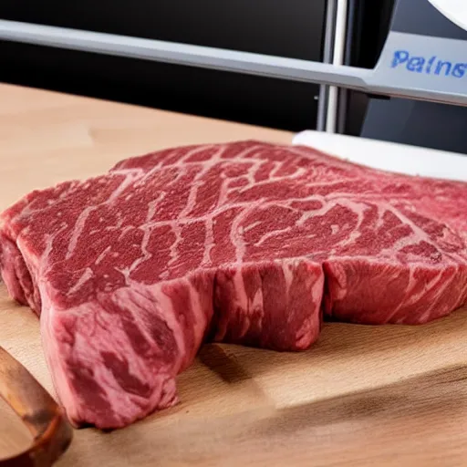 Prompt: 3 d printer printing steak, realistic photograph