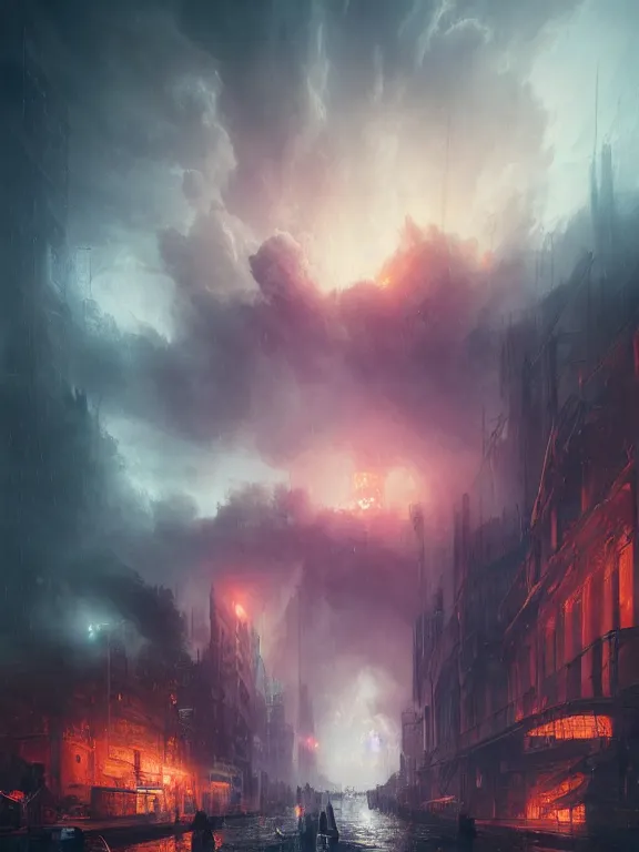 Image similar to photo of 8k ultra realistic burning city of London, heavy storm, rain, full of colour, cinematic lighting, battered, trending on artstation, 4k, hyperrealistic, focused, extreme details,unreal engine 5, cinematic, masterpiece, art by Peter Mohrbacher