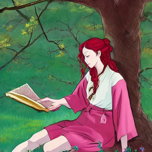 Image similar to beautiful ittle girl with long curly red hair dressed in a pink kimono and sitting next to a tree while reading a book, artwork made in western comic art style inspired in balthus and made in abyss, anatomically correct, higher details
