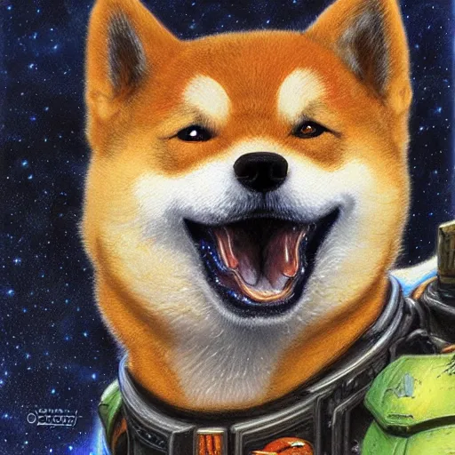 Image similar to The Shiba Inu Space Marine, close-up portrait art by Donato Giancola and James Gurney, digital art, trending on artstation