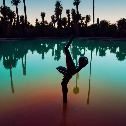 Image similar to 4 k polaroid wide angle photo of a glowing giant steel shiny reflective woman statue dancing, half submerged in water, in a desert oasis lake, at dusk, with neon lighting