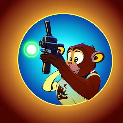 Image similar to “ logo of a monkey in the style of zootopia holding laser gun, with a black background, digital art, award winning, trending on art station, retro style ”