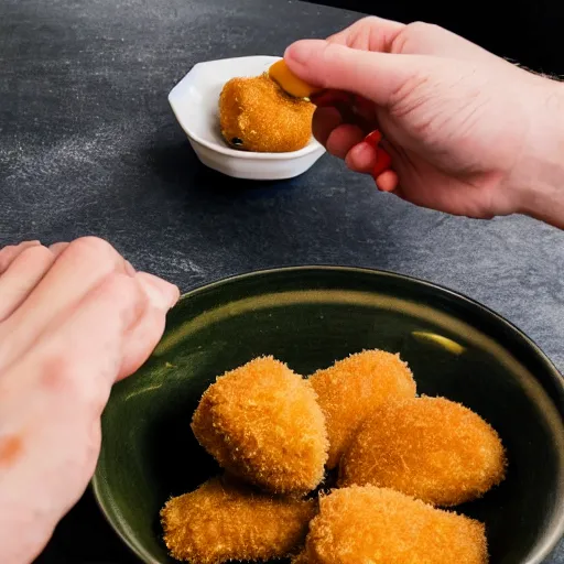 Image similar to rotten human hand picking up a moldy chicken nugget in a bowl, hd, 4k image