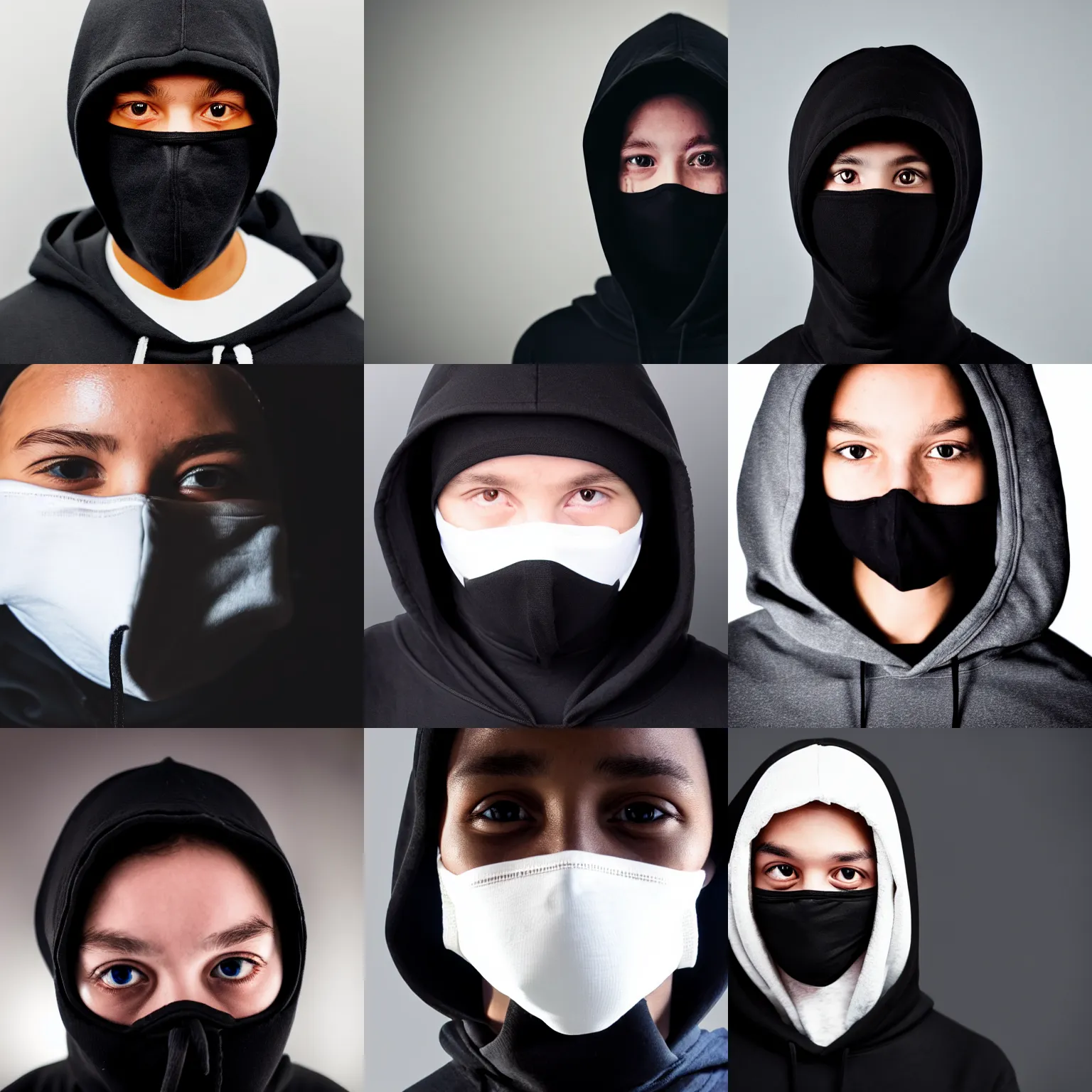 Prompt: Photo of a person wearing black hoodie with a hood on and completely black full face mask and glowing white oval eyes, on a black background