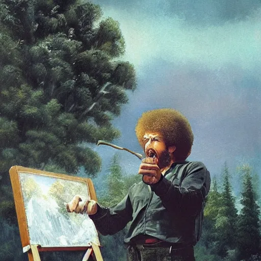 Image similar to bob ross screaming on horse by remington