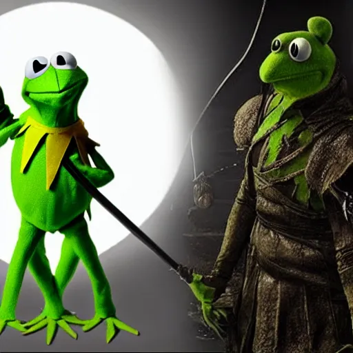 Prompt: kermit the frog as a dark souls boss