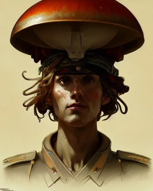 Prompt: portrait of a humanoid mushroom wearing a formal military outfit, science fantasy painting, elegant intricate digital painting artstation, greg rutkowski and alphonse mucha, detailed