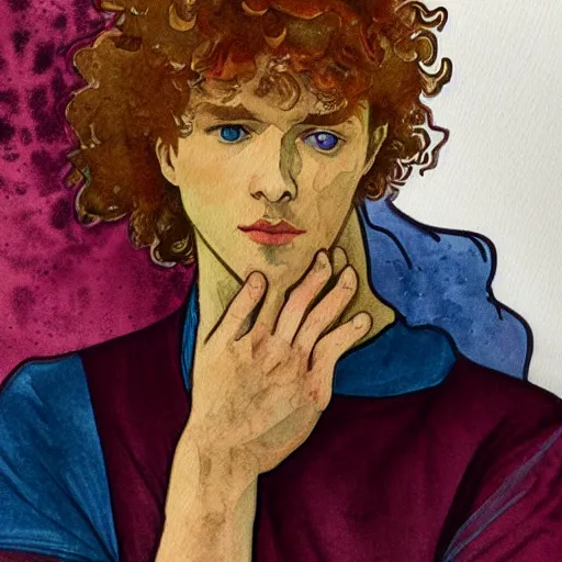 Image similar to abstract experimental watercolor drawing of a young cute handsome beautiful androgynous strawberry blond medium curly hair man in his early 2 0 s wearing a blank maroon t - shirt with grey - blue eyes, by elizabeth peyton and alphonse mucha and vincent van gogh, trending on artstation