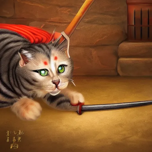 Image similar to amurai anthropomorphic cat, sharpening a sword near a fireplace in the woods, photorealistic, 8 k intricate detail,