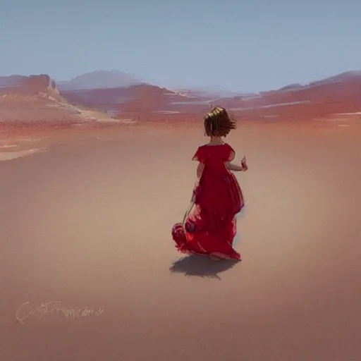 Image similar to a little girl with a red dress walking on the desert geog darrow greg rutkowski