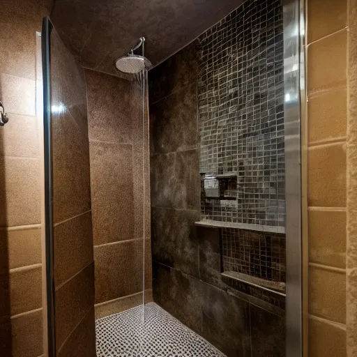 Image similar to photo of a shower in a bathroom with an elephants trunk coming up the train into the shower stall