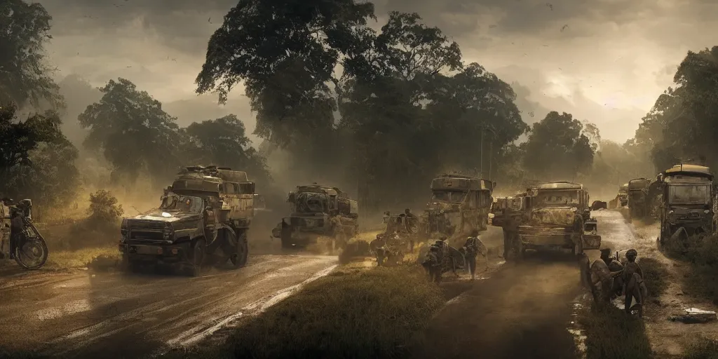 Prompt: kerala village countryside, militarised vehicles moving through, beautiful dynamic lighting, cinematic, wide angle establishing shot, extremely high detail, photo realistic, cinematic lighting, post processed, artstation, matte painting, style by eddie mendoza, raphael lacoste, alex ross, volumetric lighting, light rays, photorealistic, ultrarealistic, moody, coronarender, 8k
