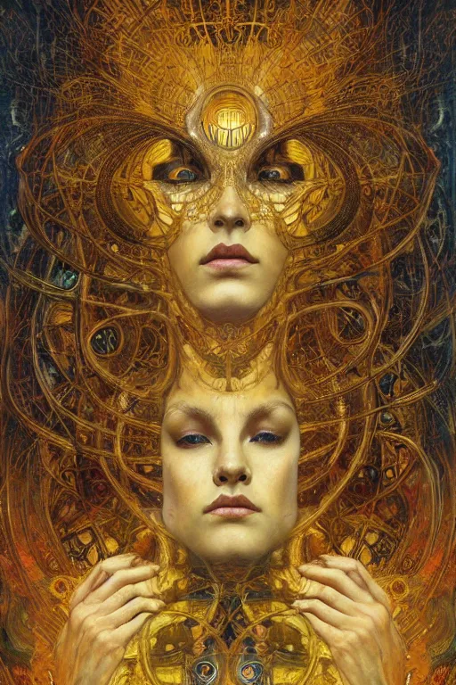 Image similar to Divine Chaos Engine portrait by Karol Bak, Jean Deville, Gustav Klimt, and Vincent Van Gogh, sacred geometry, visionary, mystic, fractal structures, ornate gilded medieval icon, spirals