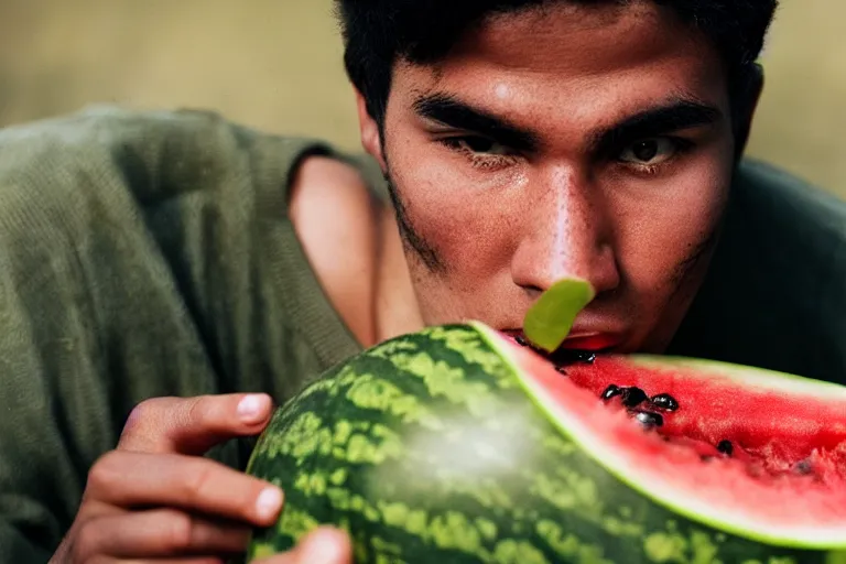 Prompt: closeup portrait of a young man punching a watermelon into a smoothie, magazine, press, photo, steve mccurry, david lazar, canon, nikon, focus