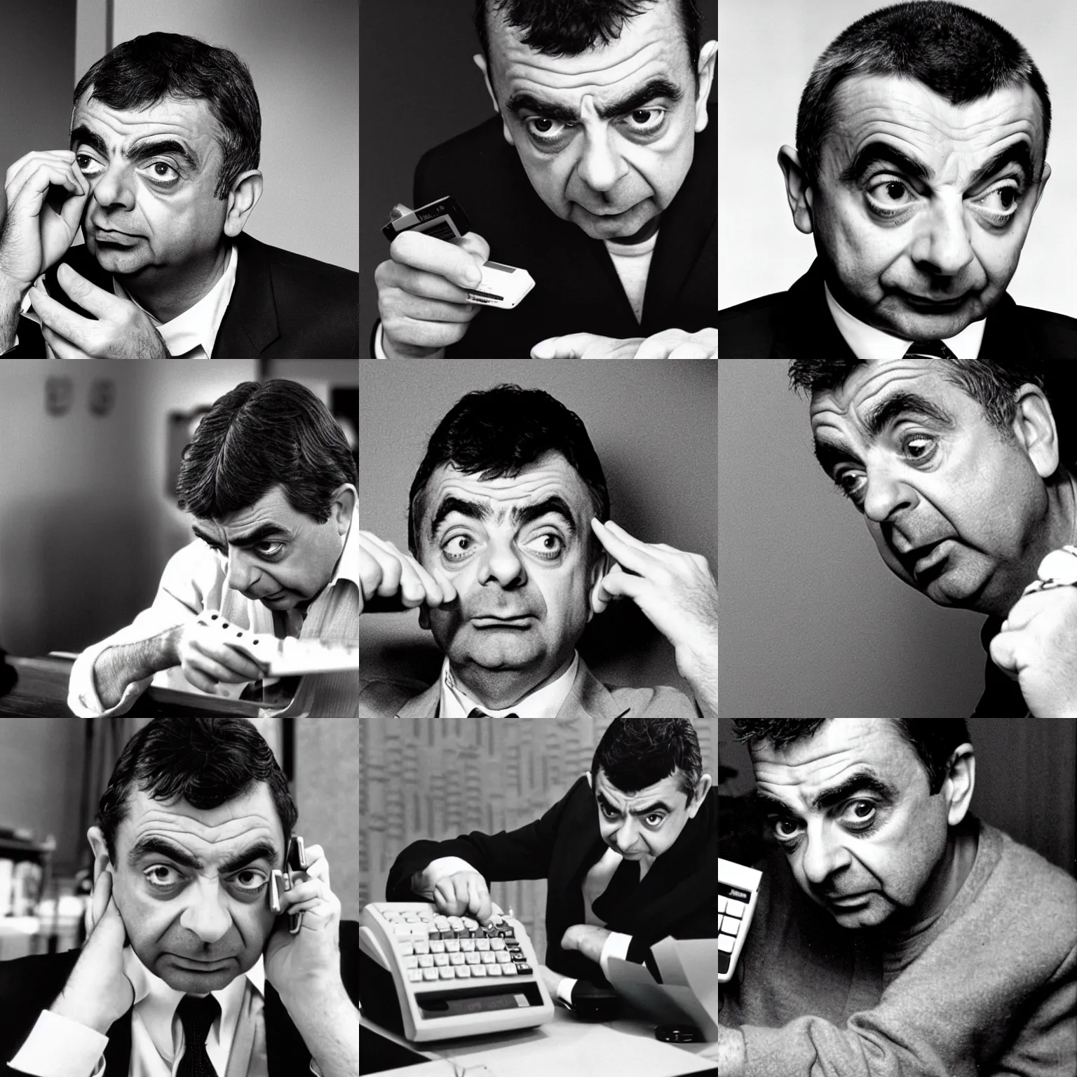 Prompt: dramatic photo of rowan atkinson struggling to use a casio scientific calculator, close up