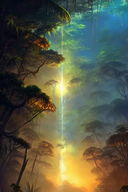 Image similar to a tropical forest suspended in space, meteor shower, tone mapped, shiny, intricate, cinematic lighting, highly detailed, digital painting, artstation, concept art, smooth, sharp focus, illustration, art by arthur haas and bruce pennington and john schoenherr