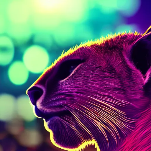 Prompt: closeup profile shot of a neon electric cheetah, city lights, strong bokeh, dramatic, cinematic, high contrast, cgsociety, artstation, 4k