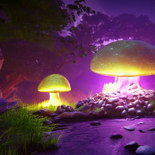Image similar to many large bioluminescent mushrooms, unreal engine 5, uhd wallpaper