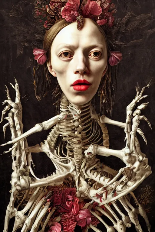 Image similar to Detailed maximalist portrait with large lips and with large white eyes, exasperated expression, extra fleshing limbs, botany bones, HD mixed media, 3D collage, highly detailed and intricate, surreal illustration in the style of Caravaggio, dark art, baroque