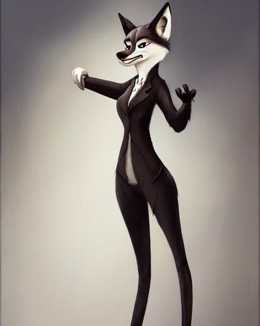 Prompt: oil painting of anthromorphic female wolf, in style of cory loftis, fursona, furry, furaffinity, 4 k, deviantart, furry art, fursona art, wearing black business suit, business suit, in style of zootopia, wolf fursona, cyberpunk, female, very very very expressive detailed feminine face,