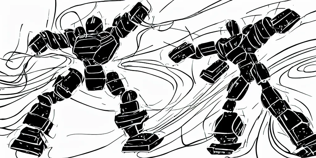 Prompt: a simple black and white pencil storyboard of a giant humanoid athletic sleek futuristic humanoid robot mech powering up as small floating particles swirl around it, lines of energy, going supersaiyan