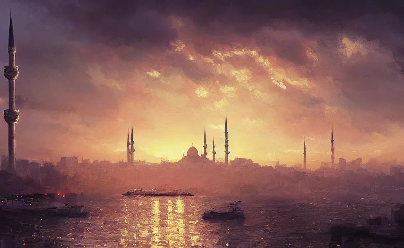 Image similar to painting of skyline of istanbul at sunset, natural light, concept art, by greg rutkowski, cozy atmospheric and cinematic lighting