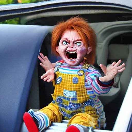 Image similar to chucky doll stuck in gridlock traffic and screaming