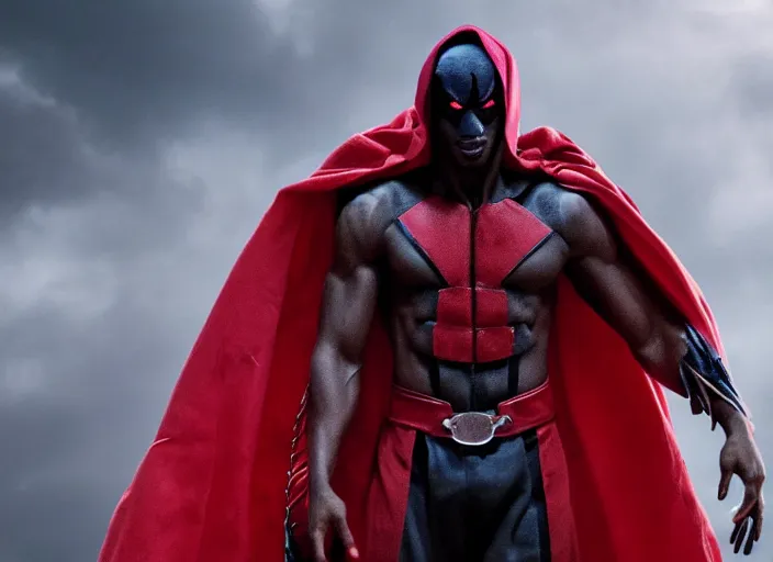 Image similar to film still of michael b jordan as spawn in the new spawn movie, giant chains, large cape, 8 k