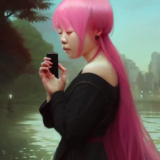 Image similar to asian girl crying while staring at her cell phone, pink hair, tokyo landscape, D&D, fantasy, intricate, elegant, highly detailed, digital painting, artstation, concept art, matte, sharp focus, illustration, art by Artgerm and Greg Rutkowski and Alphonse Mucha