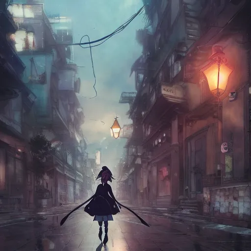 Prompt: anime key visual of a little witch walking through busy cities, cinematic lighting, dramatic atmosphere, by dustin nguyen, akihiko yoshida, greg tocchini, greg rutkowski, cliff chiang, 4 k resolution