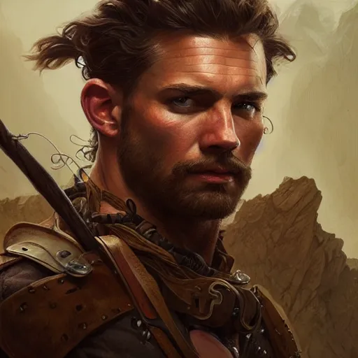 Image similar to portrait of a rugged ranger, muscular, upper body,, d & d, fantasy, intricate, elegant, highly detailed, digital painting, artstation, concept art, smooth, sharp focus, illustration, art by artgerm and greg rutkowski and alphonse mucha