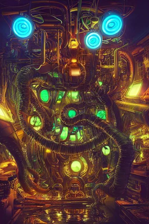 Image similar to portrait of humongous cyberpunk octopus, symmetric, body full glowing vacuum tubes, realistic digital art, 3 d render of futuristic steampunk generators inside a huge steampunk engine, 8 k, fluorescent colors, halluzinogenic, multicolored, exaggerated detailed, unreal engine