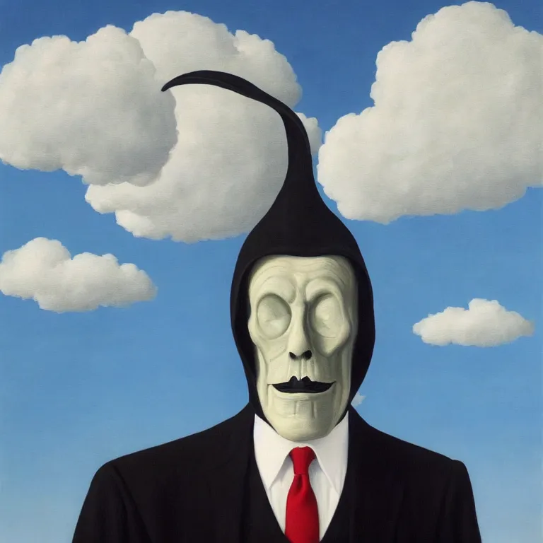 Prompt: portrait of a faceless grim reaper in a suit, clouds in the background, by rene magritte, detailed painting, distance, middle centered, hd, hq, high resolution, high detail, 4 k, 8 k