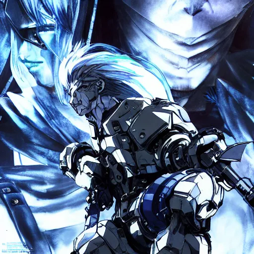 Image similar to An anime man with long, blue hair, wearing steel armor, drawn by Yoji Shinkawa highly detailed, trending on art station, sci-fi themed, dynamic posing