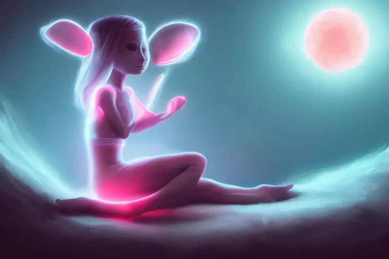 Image similar to a cute alien girl sitting on a cloud relaxing, misty, glows, digital art, hazy, foggy, red lighting, ambient lighting, 8 k,