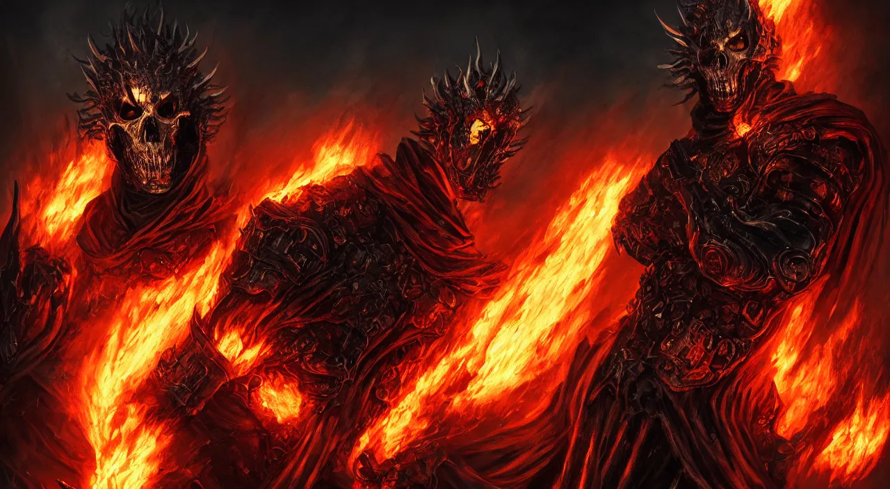 Prompt: Ghost Rider, flaming grim reaper, demons of hell, the pits of hell, headshot photo, character concept, dark souls concept art, Feng Zhu concept art, dramatic lighting, highly stylized, trending on artstation, high-quality wallpaper, desktopography