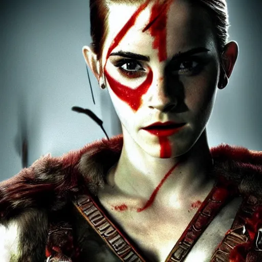 Prompt: Emma Watson as Kratos, brutal