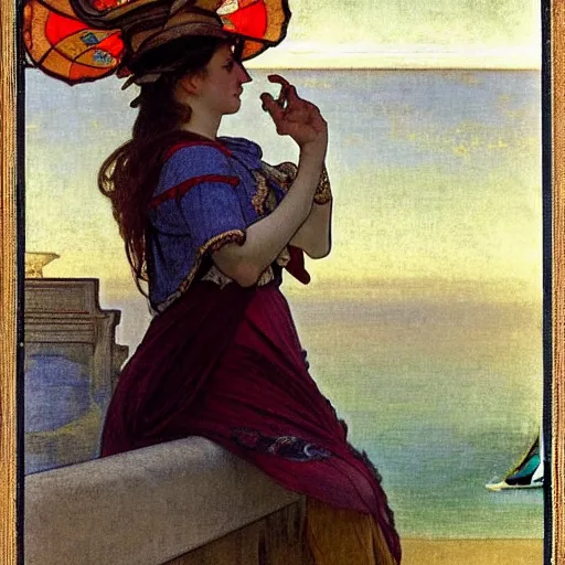 Image similar to A girl with jester hat and clothes on a greek archi circle on the front of a Balustrade with a beach and a sail boat on the background, major arcana clothes, by alphonse mucha and arnold böcklin arnold böcklin arnold böcklin, paul delaroche, hyperrealistic 8k, very detailed