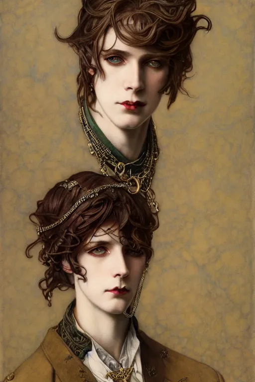 Image similar to edmund dulac, leyendecker, highly detailed portrait, a beautiful androgynous sebastian michaelis, long hair, tall and thin, wearing several pendants, art nouveau, stephen bliss, unreal engine, by greg rutkowski, loish, ferdinand knab, ilya kuvshinov, rossdraws, tom bagshaw, alphonse mucha, global illumination, radiant light