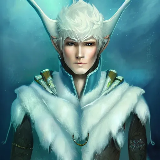 Image similar to handsome male snow elf archer portrait, turquoise cape and silver ornate armour as an archer, magical tundra background, albino skin, perfect face, very coherent symmetrical artwork, trending on artstation, award - winning