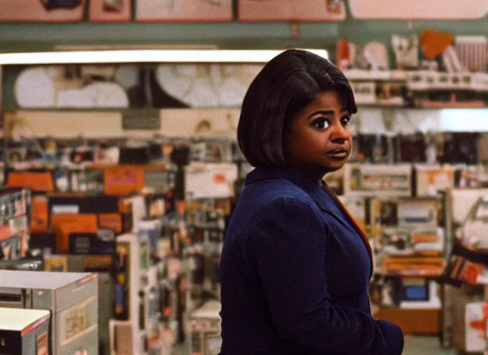 Prompt: cinematic shot of octavia spencer in an small used electronics store, iconic scene from the paranoid thriller sci fi film directed by stanley kubrick, anamorphic cinematography, beautiful composition, color theory, leading lines, photorealistic, volumetric lighting, f / 2 2