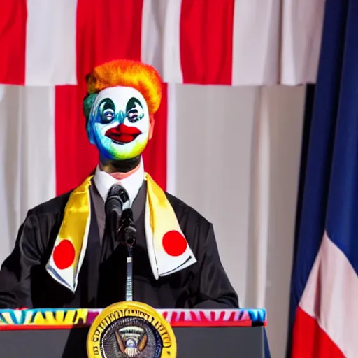 Image similar to string puppet of a president with clown makeup in a podium and a human shadow behind