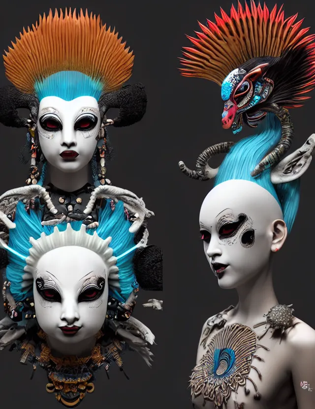 Image similar to 3 d goddess close - up profile portrait punk with mohawk with ram skull. beautiful intricately detailed japanese crow kitsune mask and clasical japanese kimono. betta fish, jellyfish phoenix, bio luminescent, plasma, ice, water, wind, creature, artwork by tooth wu and wlop and beeple and greg rutkowski