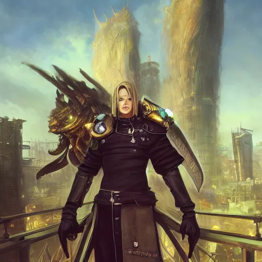 Image similar to a portrait painting of sephirot from final fantasy 7, midgard steam punk city as backdrop, spectacular, by greg rutkowski, artgerm, wlop, ruan jia, krenz cushart, alphonse mucha, marble, gold, unreal engine 5