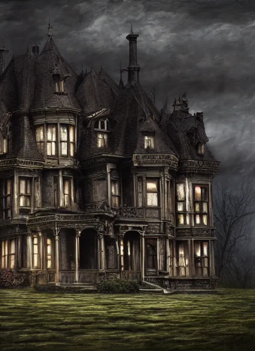 Prompt: dark victorian mansion, haunted house, dark fantasy landscape, oil paint, realistic render, high detail