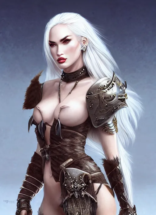 Image similar to ! dream barbarian, fur leather armor!!! megan fox, beautiful and elegant white hair female!! gorgeous ayes!! character concept art, sharp focus, octane render! unreal engine 5! highly rendered!! trending on artstation!! detailed linework!! illustration by artgerm, wlop, and chie yoshii