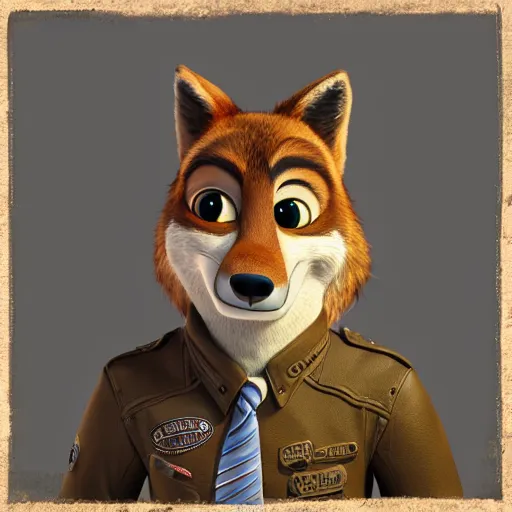 Prompt: portrait, 3 d render, anthropomorphic coyote male, wearing along brown leather jacket, in the style of zootopia, centered on face